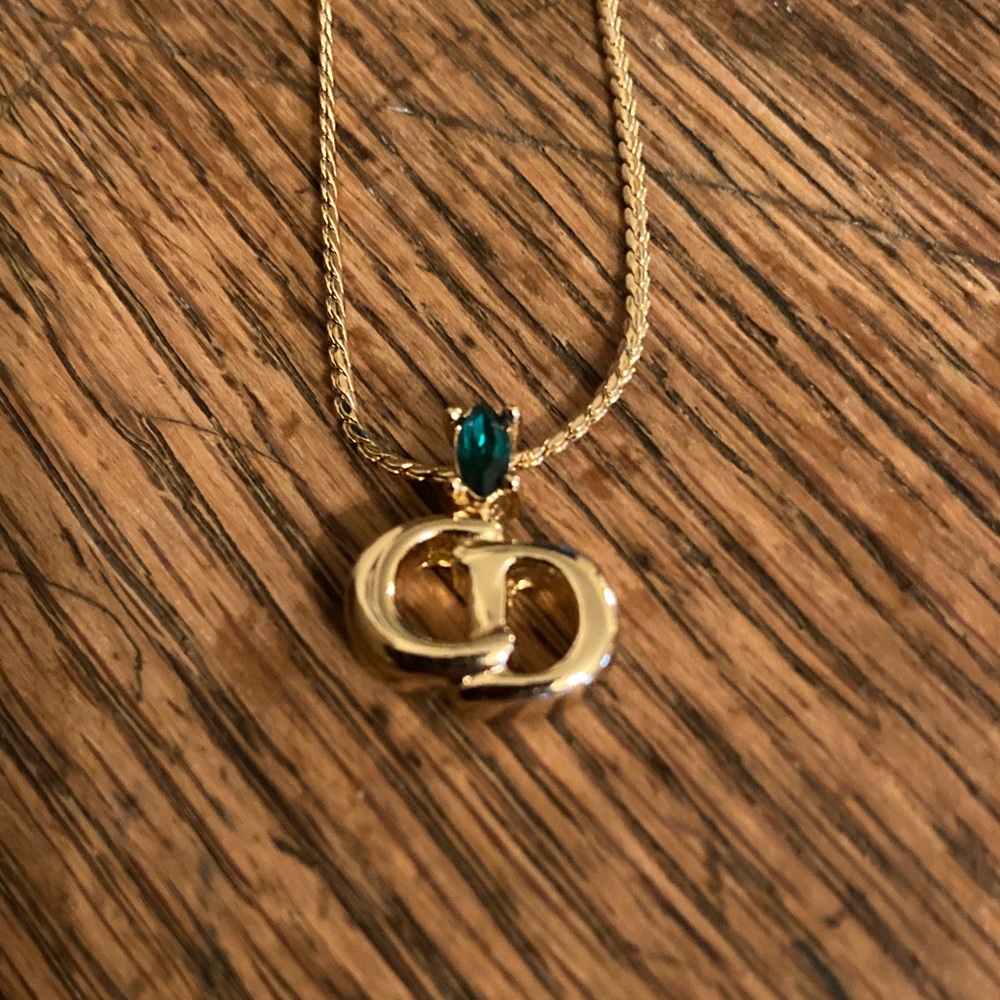 Christian Dior CD Logo Necklace with Emerald Green Crystal Pendant Vintage NWT